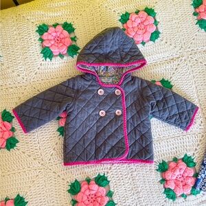 Baby Boden 6-12 Months Quilted Gray Baby Jacket with Pink Trim